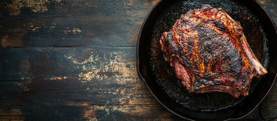 Poster - Roasted meat resting on a cast iron skillet with dark charred edges against a rustic wooden background highlighting textures and colors