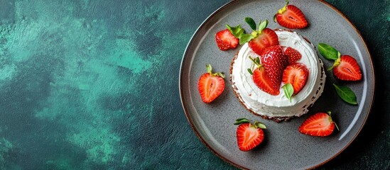 Poster - Chocolate roll cake adorned with fresh strawberries on a grey ceramic plate atop a dark green textured table with ample copy space