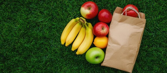 Poster - Colorful assortment of fresh fruits bananas apples oranges and a craft paper bag arranged on green grass in a flat lay design perfect for zero waste ideas