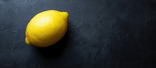 Poster - Fresh ripe lemon placed on a textured black background with ample copy space to the right showcasing vibrant yellow and deep black contrast.