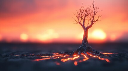 Aufkleber - Climate change drought idea. A solitary tree stands against a vibrant sunset, roots glowing in the warmth of twilight.