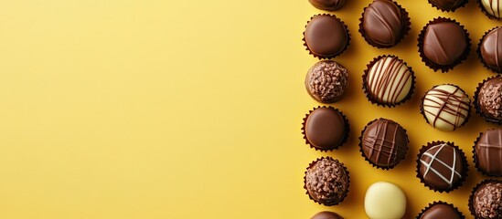 Poster - Delicious assorted chocolates elegantly arranged in a circular pattern on vibrant yellow background with ample copy space on the left side
