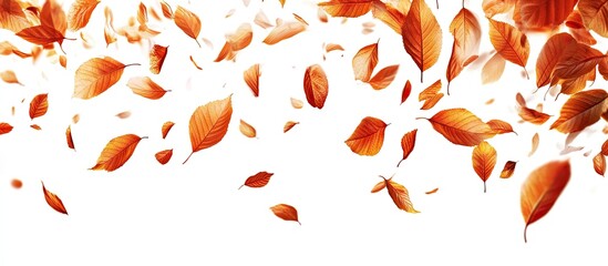 Aufkleber - Vibrant orange and yellow autumn leaves swirling against a bright white background creating a dynamic sense of motion and seasonal beauty