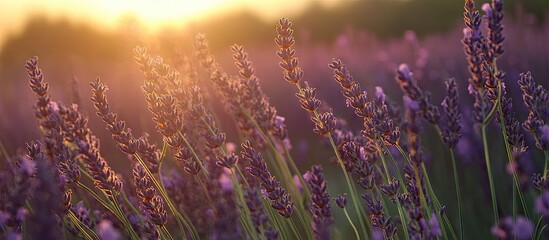 Poster - Lavender field at sunset with purple blooms in the foreground and warm golden sunlight bathing the background, capturing serene nature beauty.