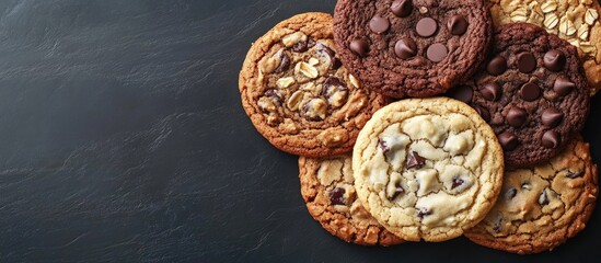 Aufkleber - Assorted cookies with chocolate chips oatmeal raisin and white chocolate on a dark slate background arranged in a casual pile