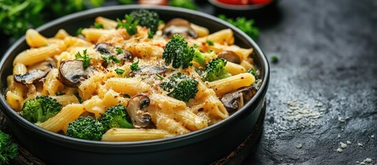 Poster - Creamy baked pasta with mushrooms and broccoli in a black bowl placed on a textured surface with parsley and condiment bowls in the background