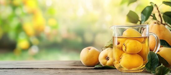Aufkleber - Quince fruit tea in glass jug with fresh quinces and green leaves on rustic wooden table; soft bokeh background with warm yellow hues.