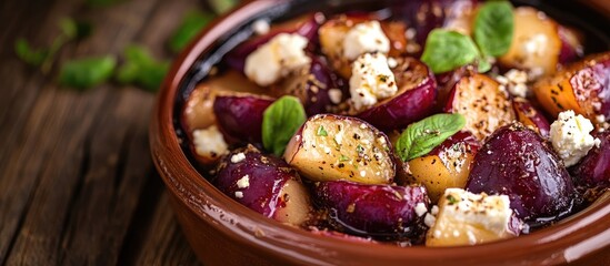 Poster - Baked plums and feta in a rustic bowl with green mint leaves on wooden table warm tones and selective focus highlighting the ingredients
