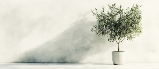 Poster - Olive tree in a white pot positioned left on a gray floor against a pale white wall, creating a serene and empty space for copy elements.