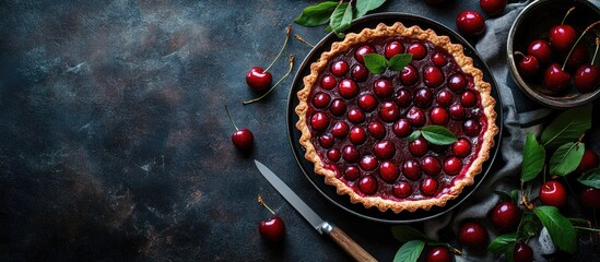 Aufkleber - Rustic autumn cherry tart pie displayed on a dark backdrop with a bowl of cherries and a knife greenery accents and deep colors top view horizontal composition