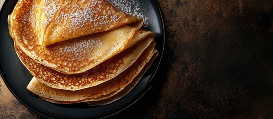 Aufkleber - Delicious stack of golden yeast crepes on a black plate with powdered sugar atop, set against a dark rustic background.