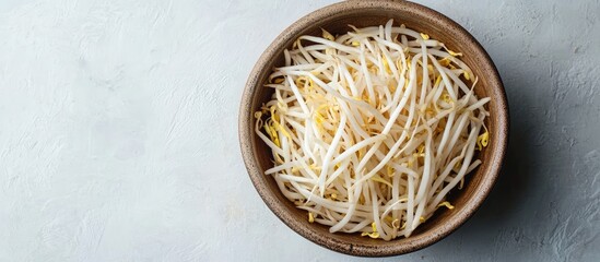 Poster - Fresh bean sprouts arranged neatly in a brown bowl on a light textured background highlighting their crisp texture and vibrant color.