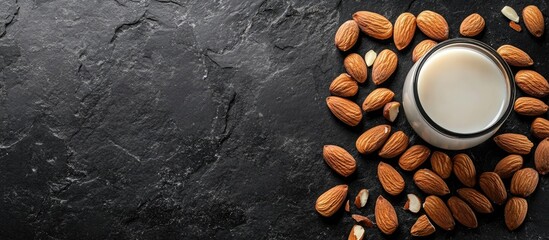 Aufkleber - Arrangement of almond seeds scattered around a glass of milk on a textured black stone background with ample copyspace on the right side