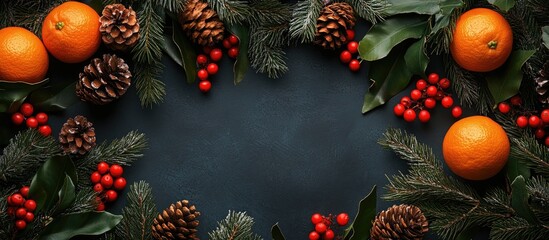 Poster - Festive still life top view of mandarins red berries pine cones and fir branches arranged on dark background with ample copy space for holiday greetings