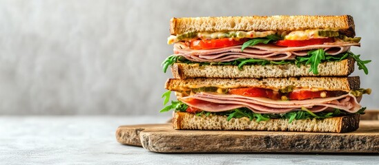 Poster - Delicious stacked sandwich with ham arugula tomatoes and mayonnaise on rustic cutting board against gray background side view with copy space