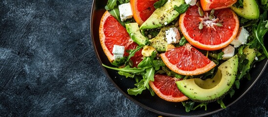Poster - Vibrant avocado salad with grapefruits, tomatoes, feta, arugula, and sunflower seeds elegantly arranged in a round black bowl on a dark surface.