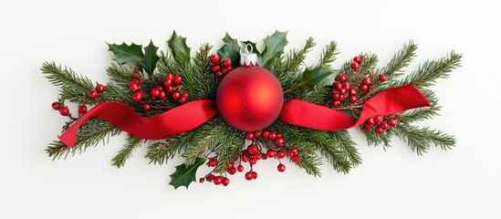 Aufkleber - Christmas decoration flat lay featuring red bauble, green spruce branches, and holly with vibrant red berries on a bright white background.