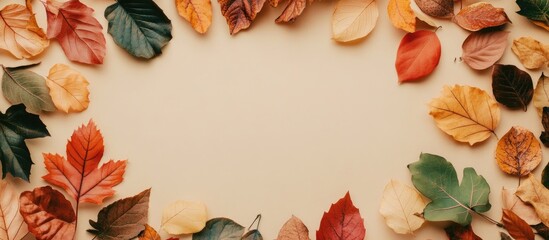 Aufkleber - Vibrant autumn leaves in circular frame on neutral beige background with ample copyspace ideal for fall season promotions flat lay top view