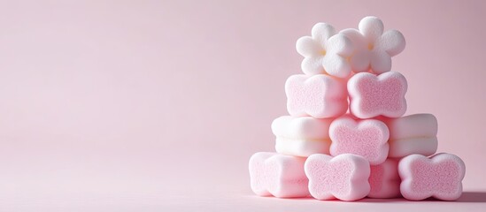 Poster - Pastel pink and white flower and heart shaped marshmallows stacked on a soft pink background with ample space for design or text.