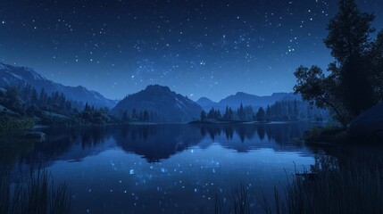 Wall Mural - Serene Night Lake with Starry Sky and Mountain Reflections