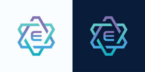 Poster - technology logo letter E with hexagon circuit line style for digital, data, connection with purple and blue gradient color