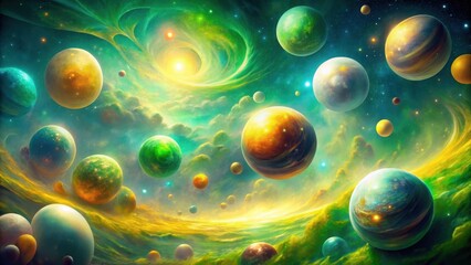 Wall Mural - Celestial Bodies Drifting Through a Lush, Vibrant Nebula in a Whimsical Cosmos