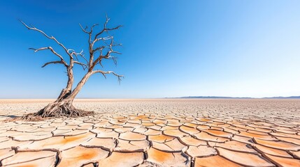 Poster - Climate change drought idea. A striking view of a dry landscape with a solitary tree against a clear blue sky.