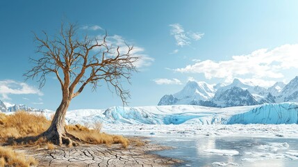 Poster - Climate change drought idea. A solitary tree stands against a stunning mountain landscape with glacial ice and blue skies.