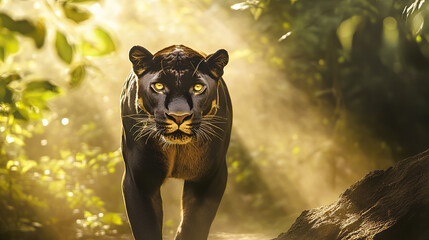 Wall Mural - wild panther stands powerfully in sunlit forest