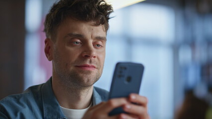 Poster - Corporate manager texting mobile phone in office closeup. Smiling businessman