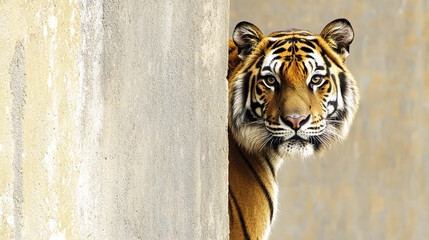 Wall Mural - tiger peeking from behind wall with curious expression