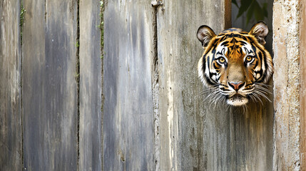 Wall Mural - tiger peeking behind wooden wall with curious expression