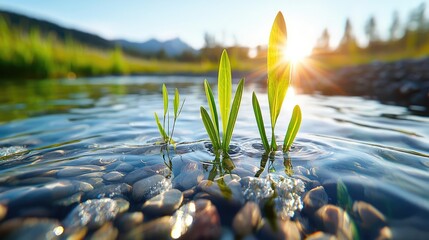 Aufkleber - Climate Change drought concept. Fresh grass emerging from the water beside a river at sunrise, highlighting nature's beauty.