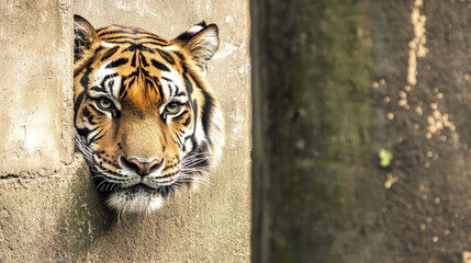 Wall Mural - tiger peeking behind wall with intense gaze