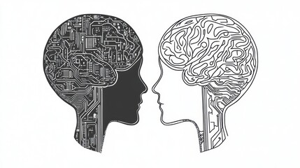 Poster - Two profiles, human brain and circuit board, contrasting.  Possible educational use