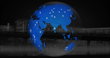 Poster - Rotating digital globe with pixelated continents over urban background animation