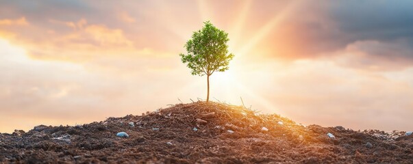 Poster - Climate Change drought concept. A solitary tree stands on a hilltop, illuminated by golden sunlight at sunrise.