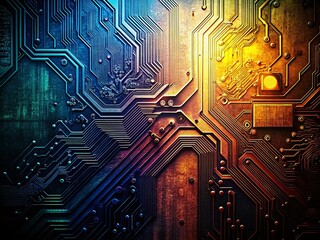 Poster - Silhouette of Electronic Circuit Board on Grainy Texture Background - Stock Photo