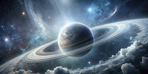 Wall Mural - A celestial body with prominent rings, surrounded by a nebula and distant stars in a cosmic scene
