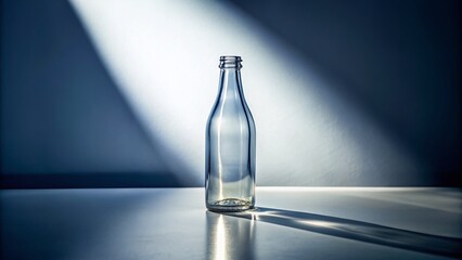 Poster - Silhouette of Empty Glass Bottle with Sunlight Shadow on White Table - Stock Photo