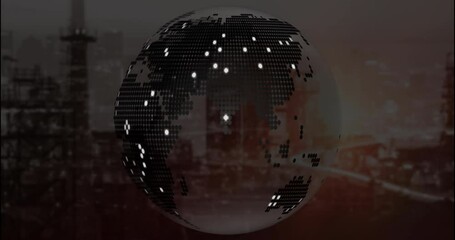 Poster - Digital animation of pixelated globe over cityscape with industrial background