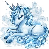 Majestic blue unicorn resting in a snowy landscape with swirling frost