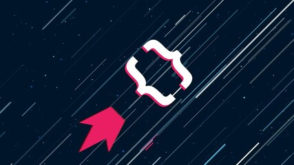 Poster - Curly brackets symbol flies through the universe on a jet propulsion. The symbol in the center is shaking due to high speed. Seamless looped 4k animation on dark blue background with stars