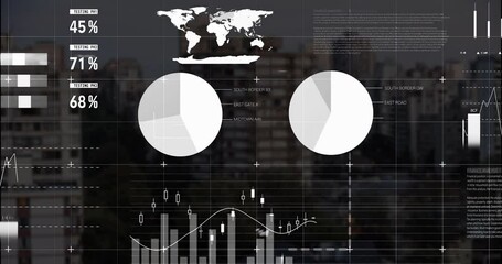 Poster - Overlaying urban cityscape, animation of financial data charts and graphs in action