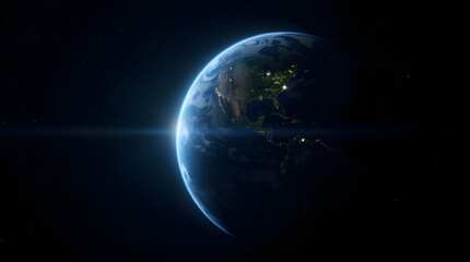 dramatic earth from space at night city lights glow on blue planet scenic view of world globe with l
