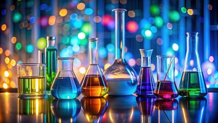 A Colorful Array of Laboratory Glassware Filled with Vibrant Liquids Reflecting on a Polished Surface Under Festive Lighting