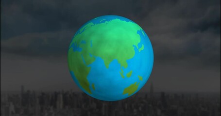 Poster - Animating blue and green globe over city skyline in digital illustration