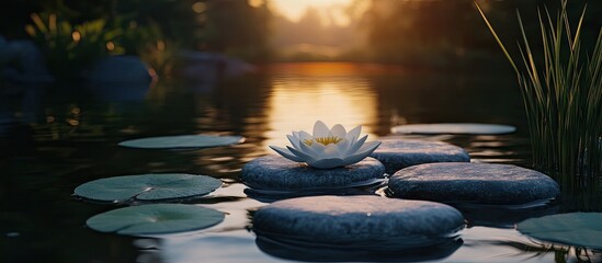 Wall Mural - serene sunset reflections with spa stones and water lily floating on a tranquil lake, rich greens an
