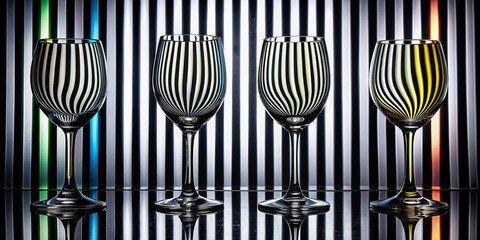 Poster - Silhouette Wine Glasses: Refraction Illusion on Black & White Stripes
