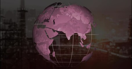 Poster - Animation of rotating globe with grid lines over industrial cityscape background